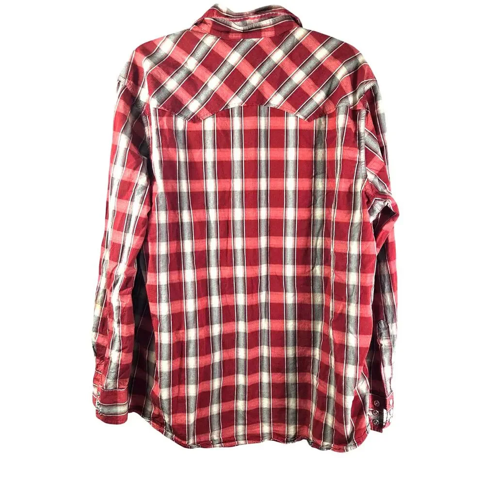 Lucky Brand Red Plaid western pearl snap cowboy long‎ sleeve button up